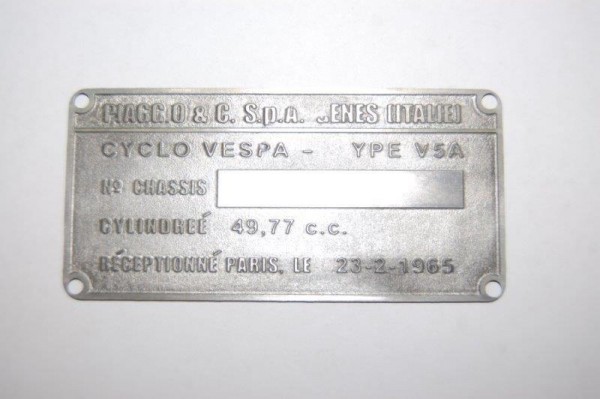 Typenschild Vespa französisch / italienisch 50ccm